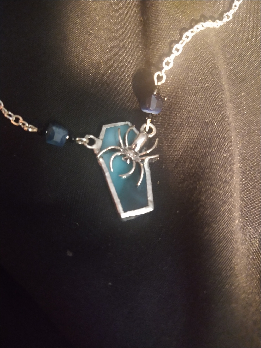 Silver Spider Teal Stained Glass Coffin Pendant Necklace - Gothic Gargoyle